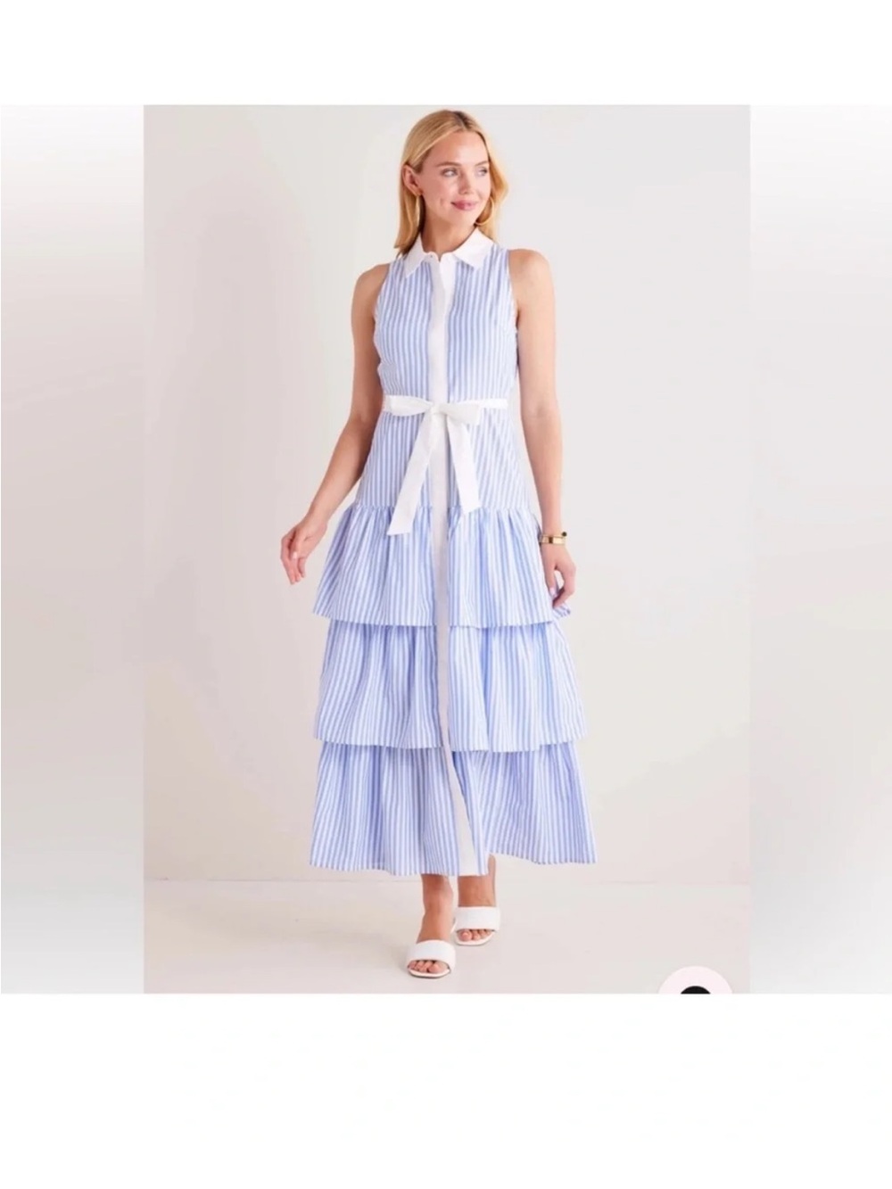 NWT Sleeveless Blue & White Striped Tiered Midi Dress with Waist Tie